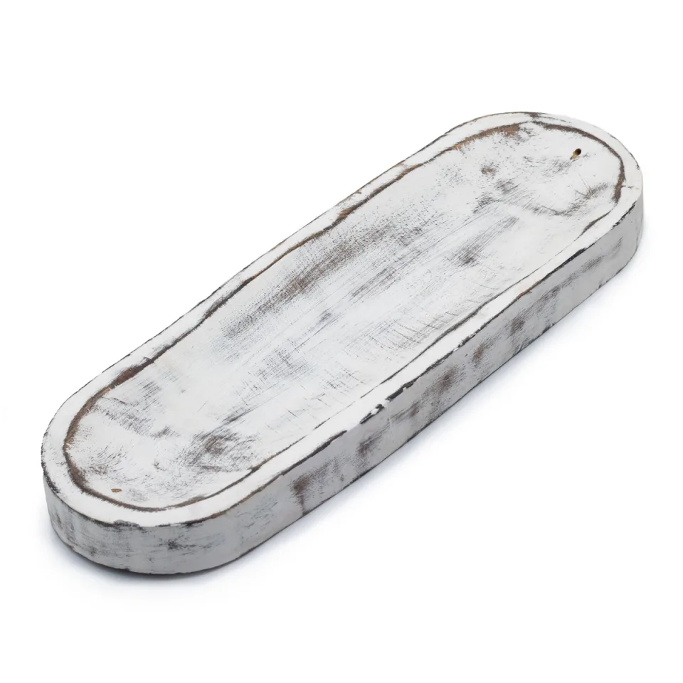 Grand plateau à encens en manguier : 30 x 10 cm, blanc lasuré