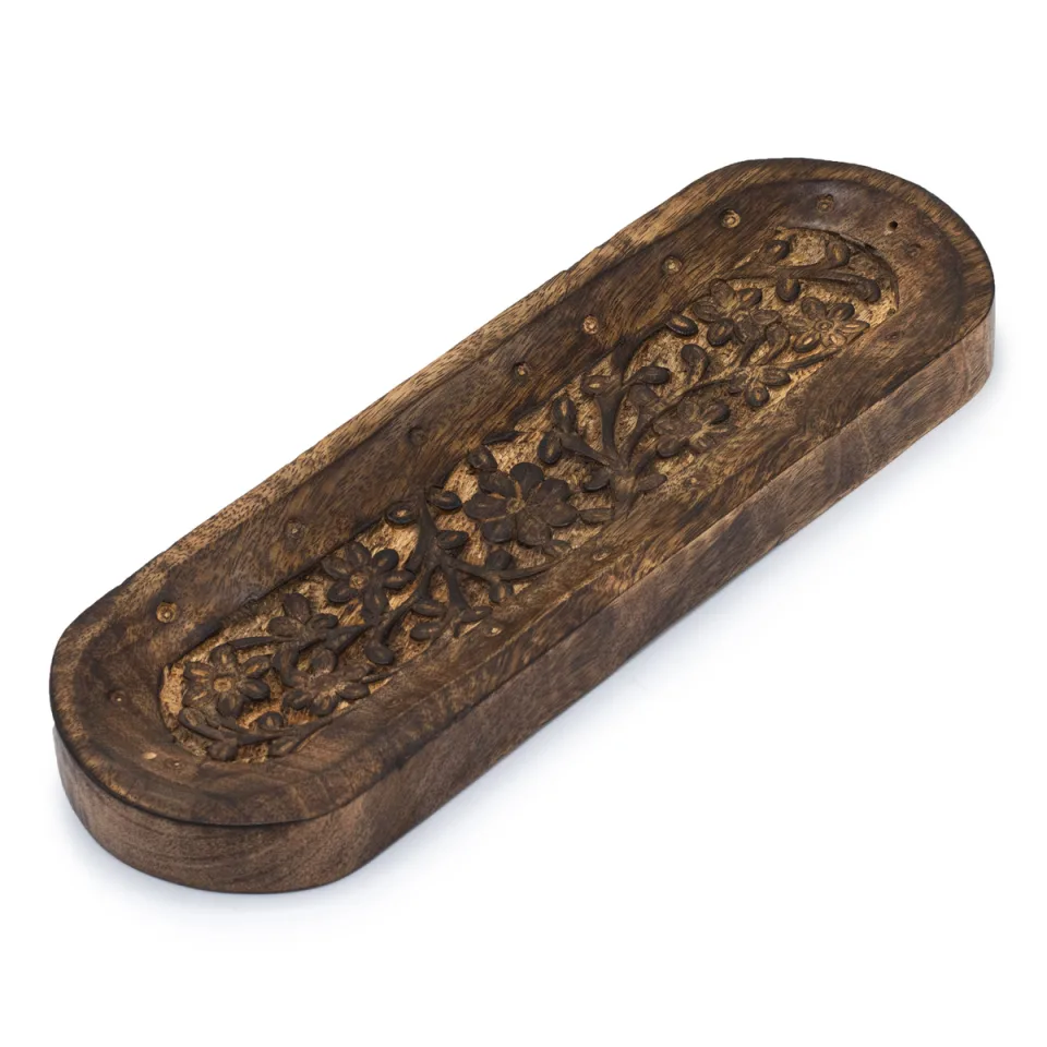 Grand plateau à encens en manguier : 30 x 10 cm, décor floral