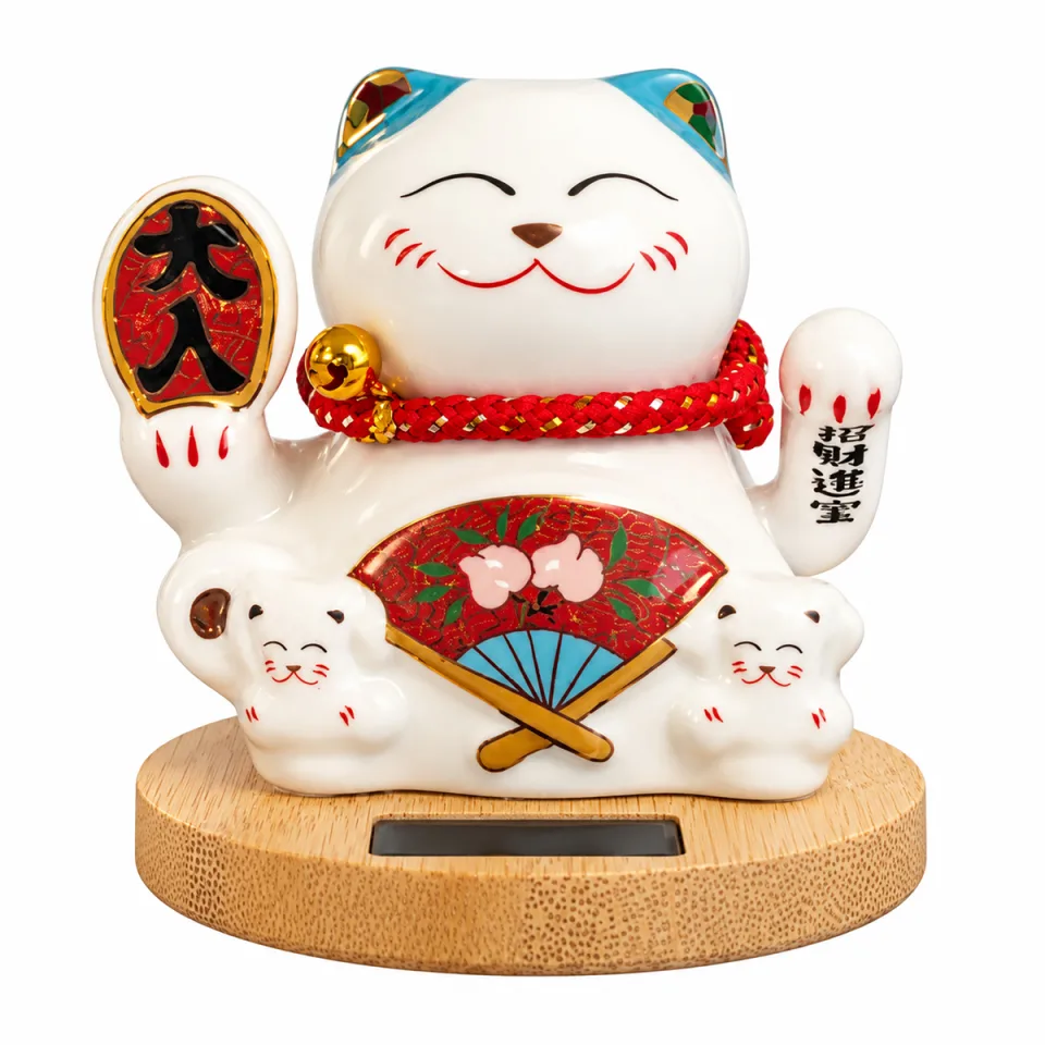 Chat solaire sur socle en bois : bleu, bras mobile