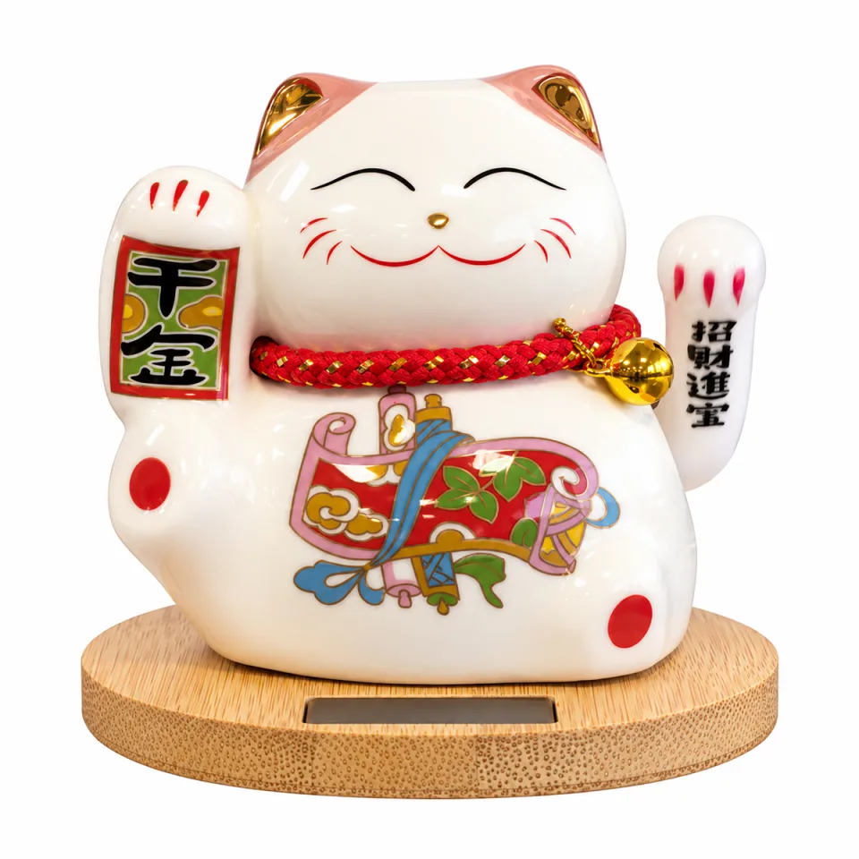 Chat solaire sur socle en bois : rose, bras mobile