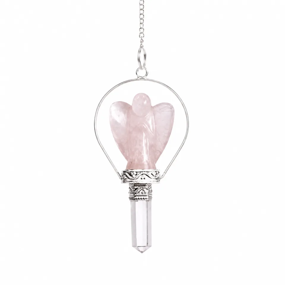 Pendule ange avec anneau : quartz rose