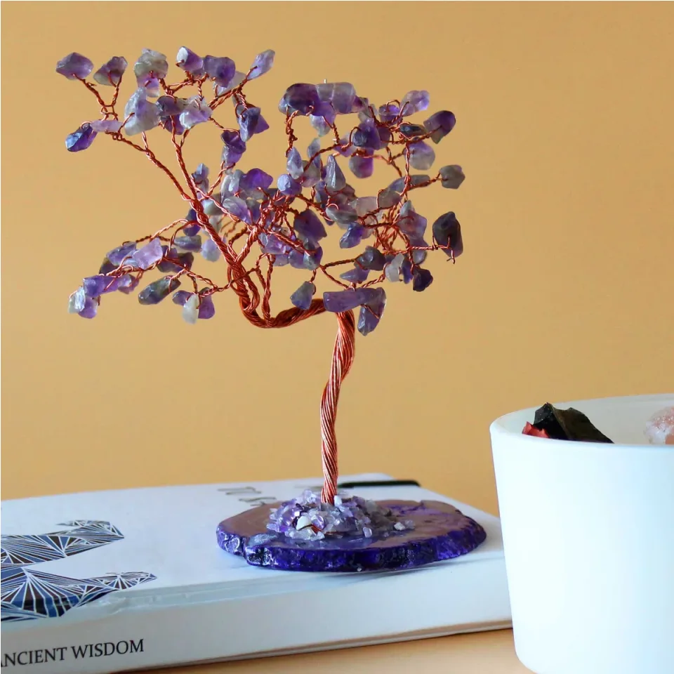 Arbres à vœux en pierres sur socle d'agate : Améthyste sur socle d'agate naturelle (100 pierres)