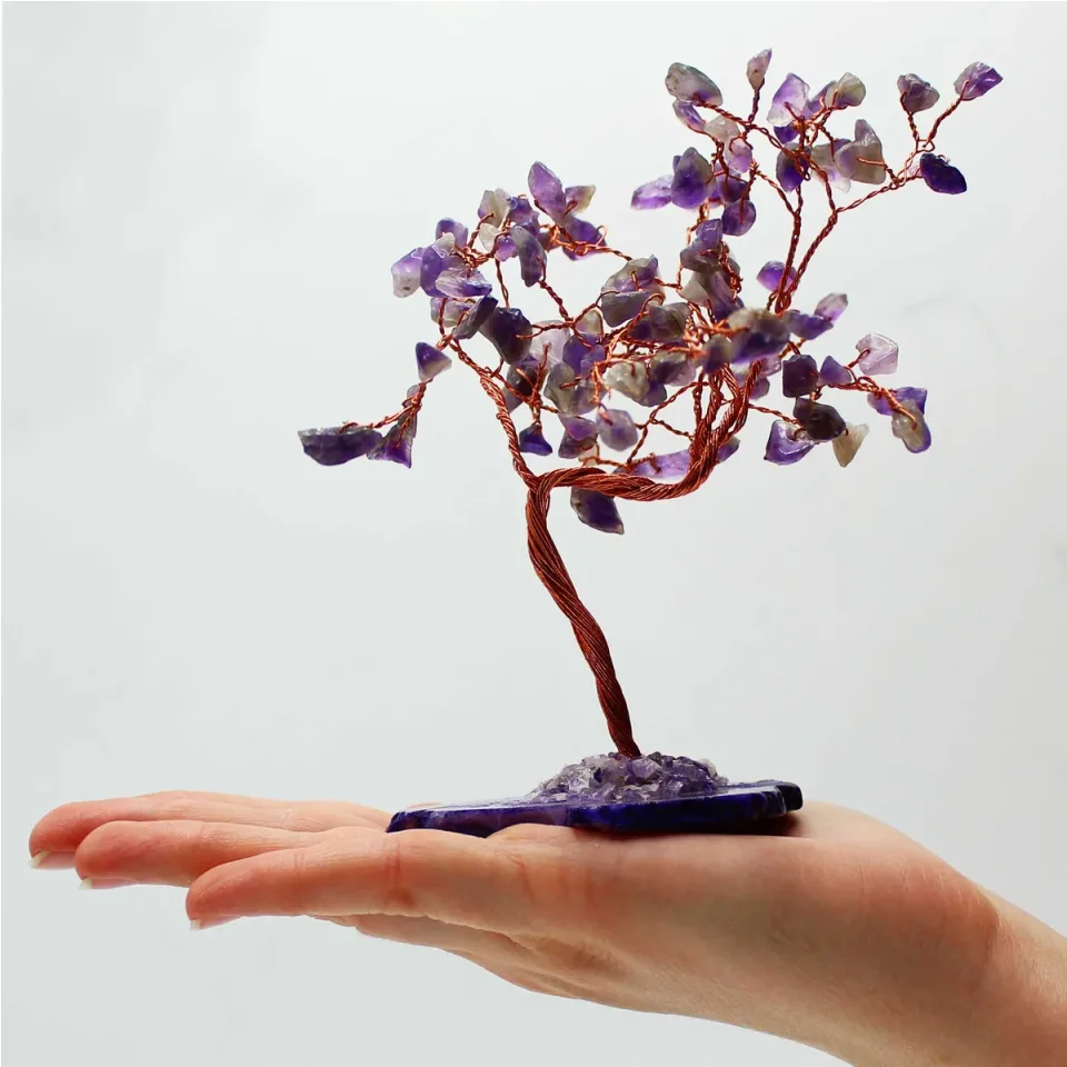 Arbres à vœux en pierres sur socle d'agate : Améthyste sur socle d'agate naturelle (100 pierres)