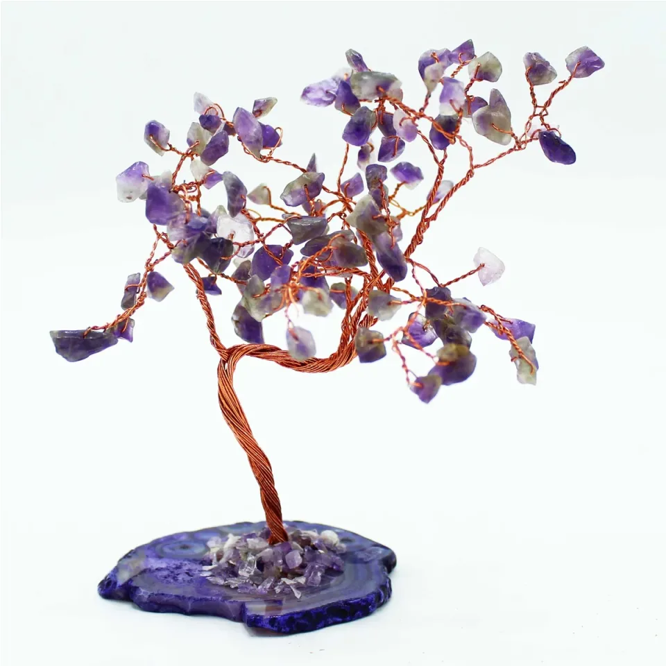 Arbres à vœux en pierres sur socle d'agate : Améthyste sur socle d'agate naturelle (100 pierres)
