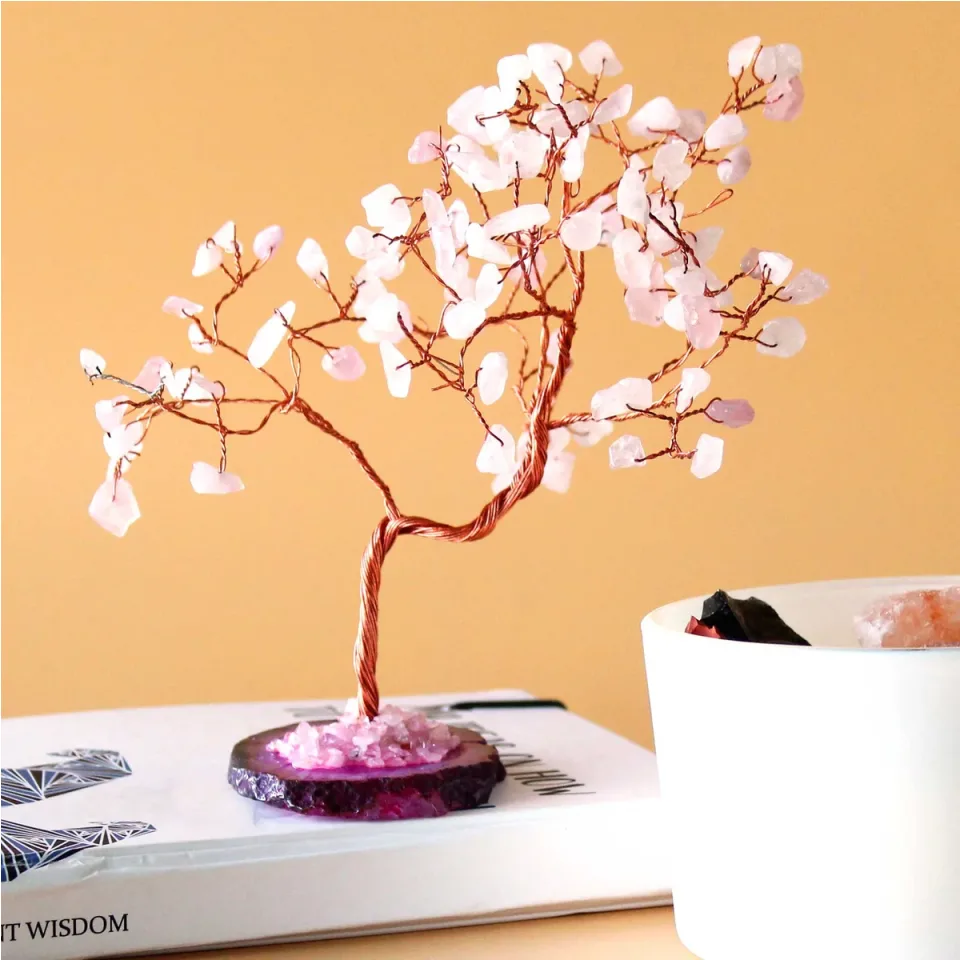 Arbres à vœux en pierres sur socle d'agate : Quartz rose sur socle d'agate rose (100 pierres)
