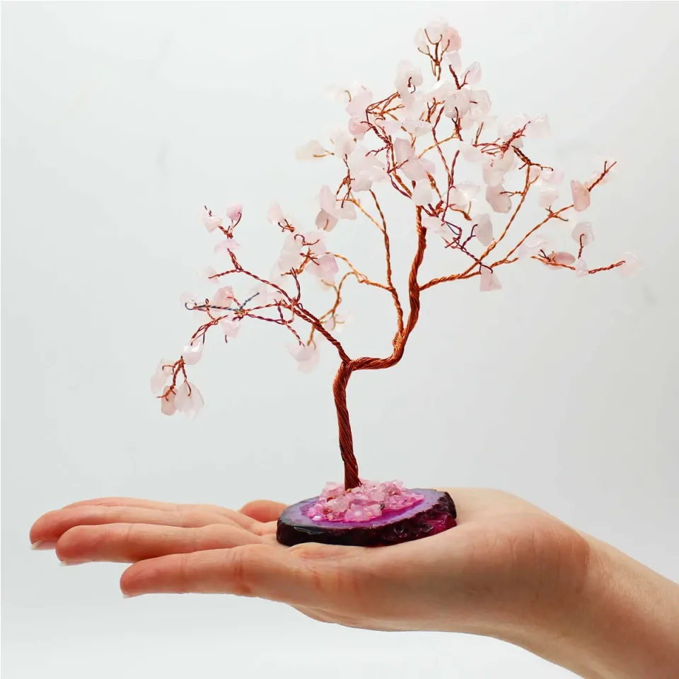 Arbres à vœux en pierres sur socle d'agate : Quartz rose sur socle d'agate rose (100 pierres)