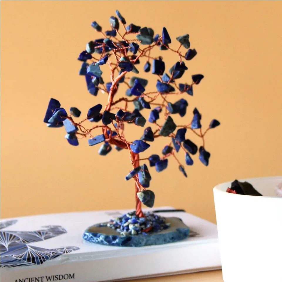 Arbres à vœux en pierres sur socle d'agate : Sodalite sur socle d'agate bleue (100 pierres)