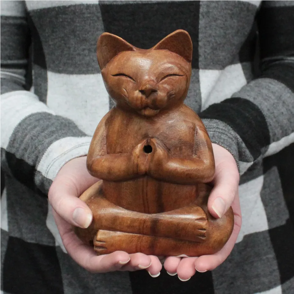 Brûleurs d'encens en bois sculpté « chat yogi » : Grand chat yogi