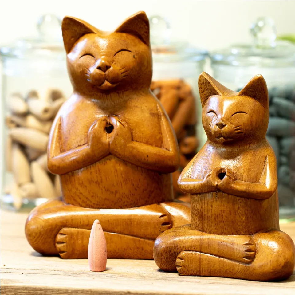 Brûleurs d'encens en bois sculpté « chat yogi » : Grand chat yogi