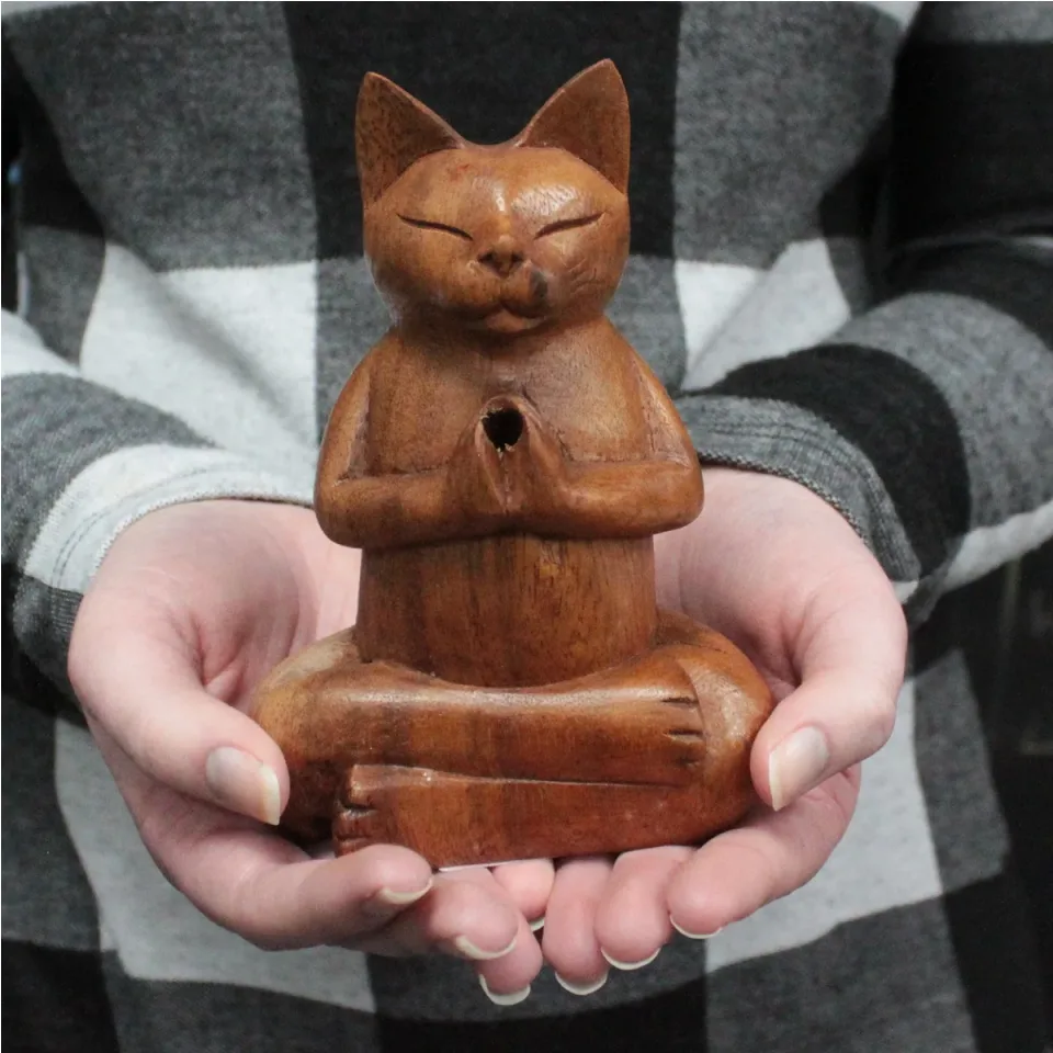 Brûleurs d'encens en bois sculpté « chat yogi » : Chat yogi moyen