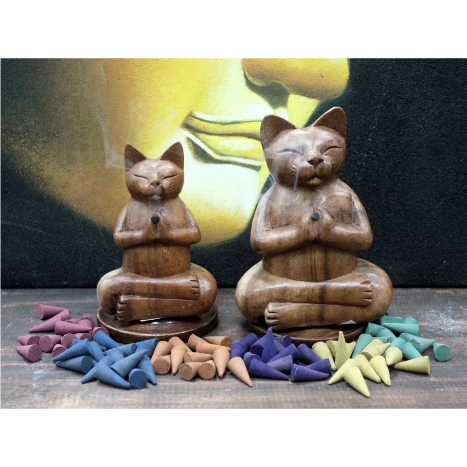 Brûleurs d'encens en bois sculpté « chat yogi » : Chat yogi moyen