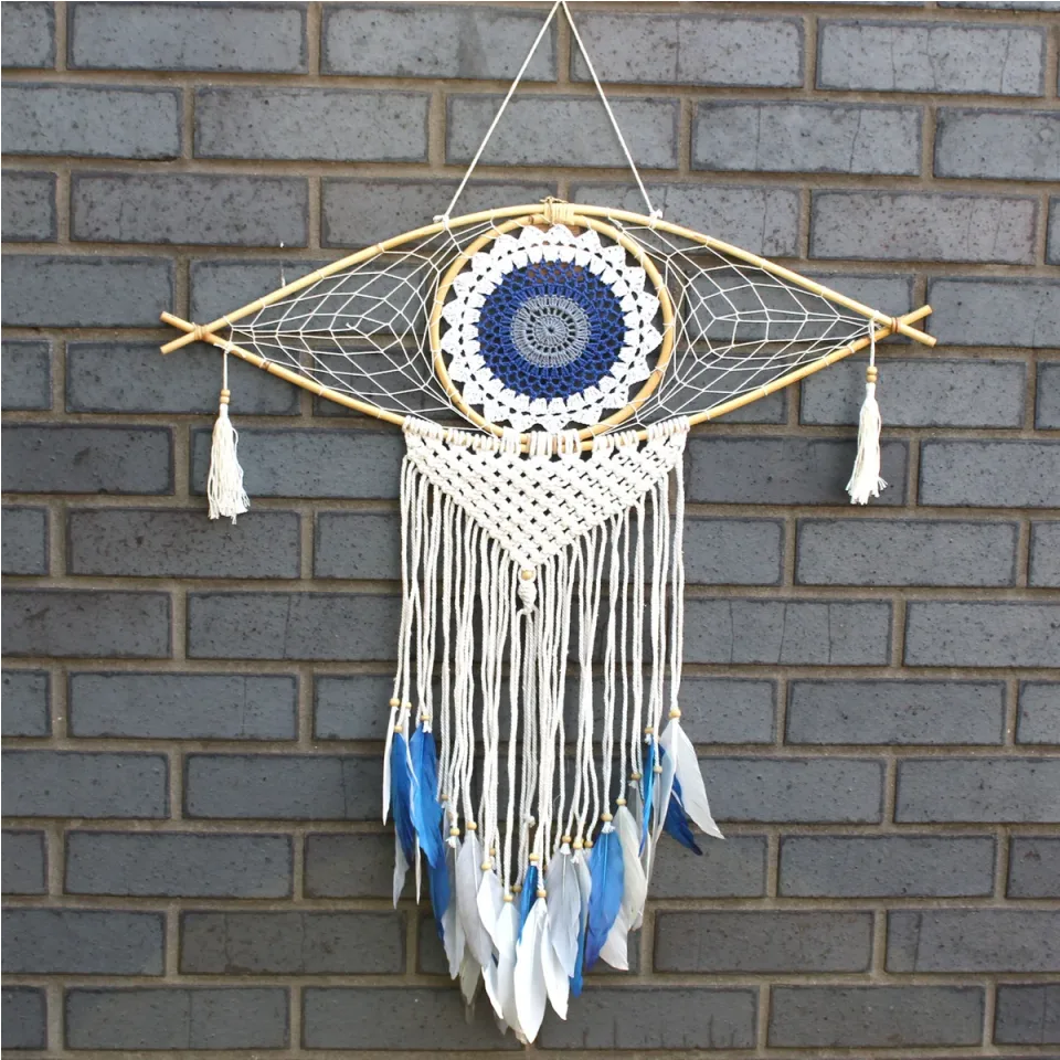 Grand œil en macramé de protection : blanc, bleu et gris