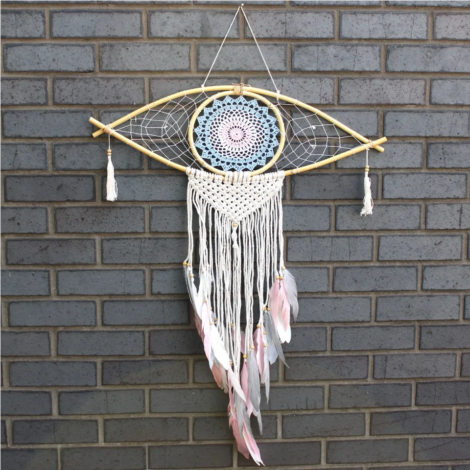 Grand œil en macramé de protection : bleu, blanc et rose