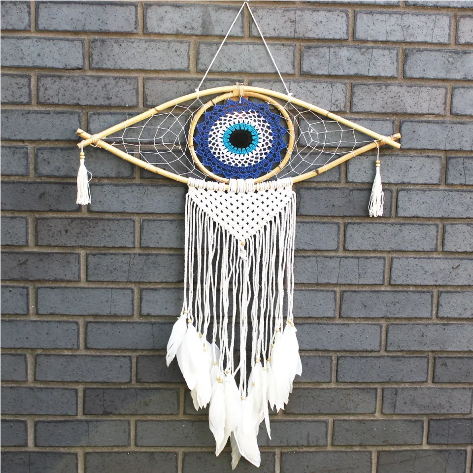 Grand œil en macramé de protection : mauvais œil en macramé bleu, blanc et noir