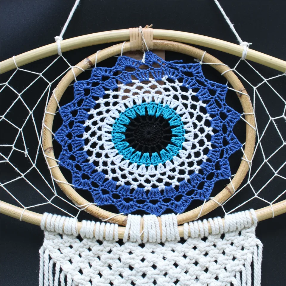 Grand œil en macramé de protection : mauvais œil en macramé bleu, blanc et noir