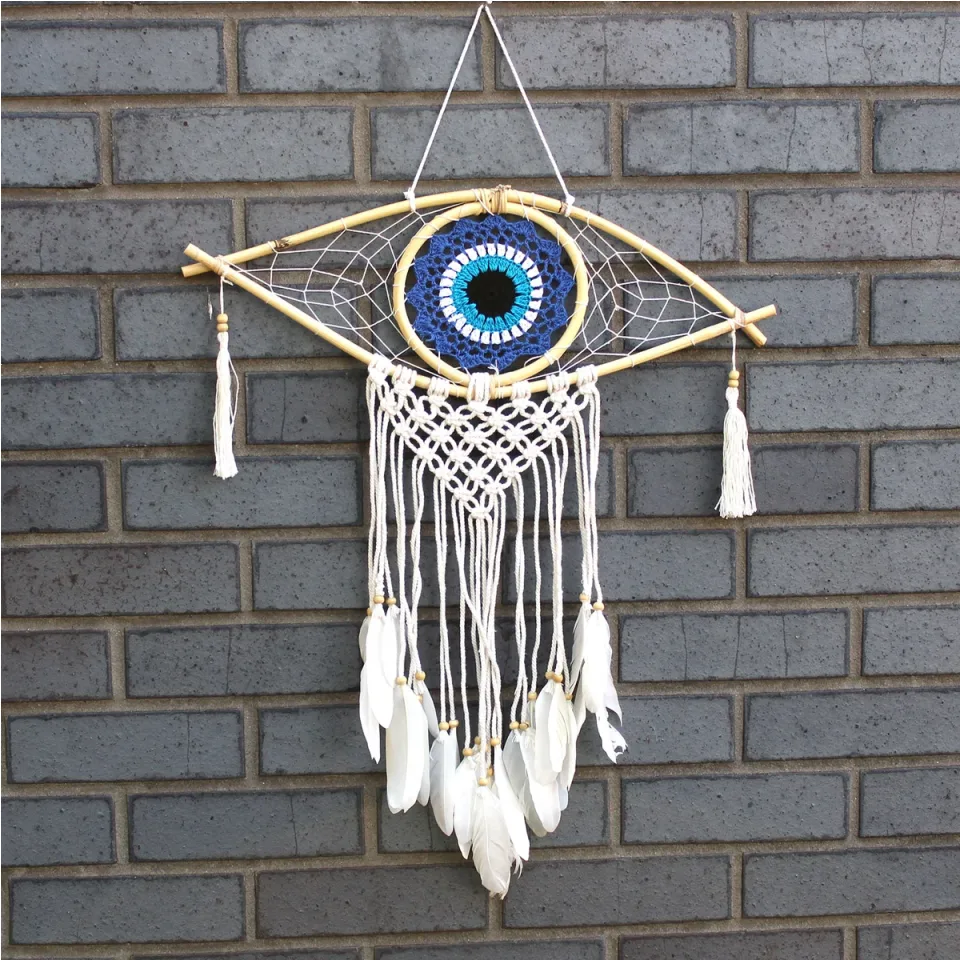 Œil moyen en macramé de protection : Mauvais œil moyen en macramé bleu, blanc et noir