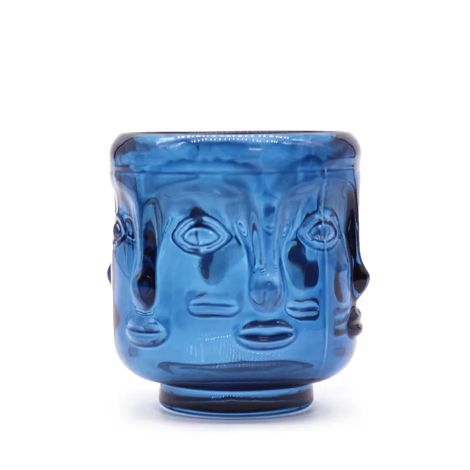 Pot à bougie visages de Bouddha : bleu royal