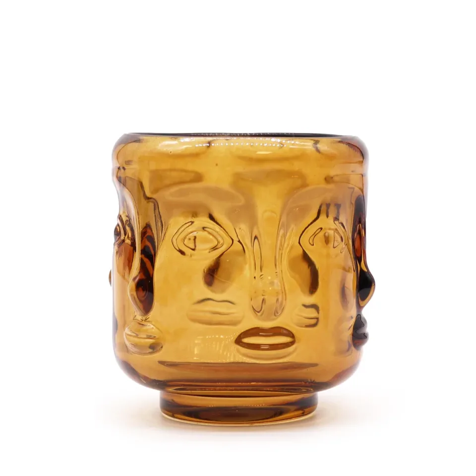 Pot à bougie visages de Bouddha : ambre antique