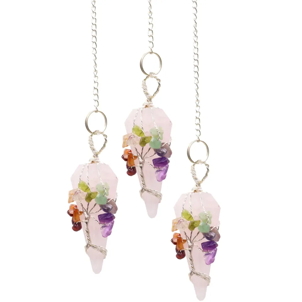 Pendule magique en pierre, Sept chakras : quartz rose