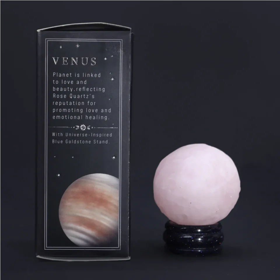 Planètes en pierre sur socle : Quartz rose, 40 mm