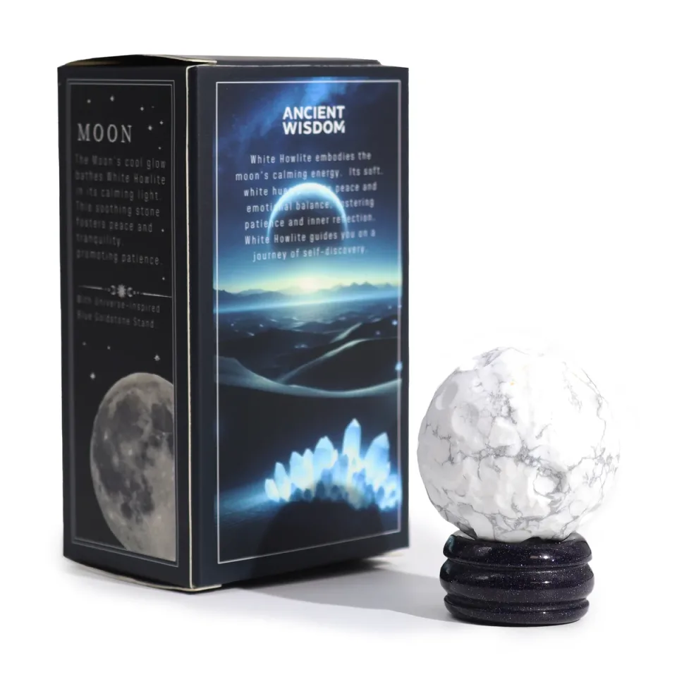 Planètes en pierre sur socle : Howlite blanche, 40 mm (socle 30 x 15 mm)