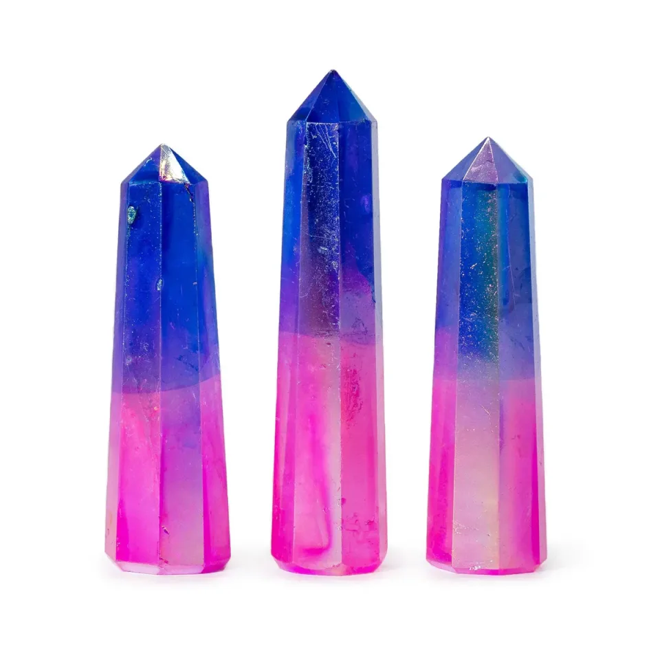 Obélisque en quartz aura : quartz aura, environ 9 cm, rose et bleu