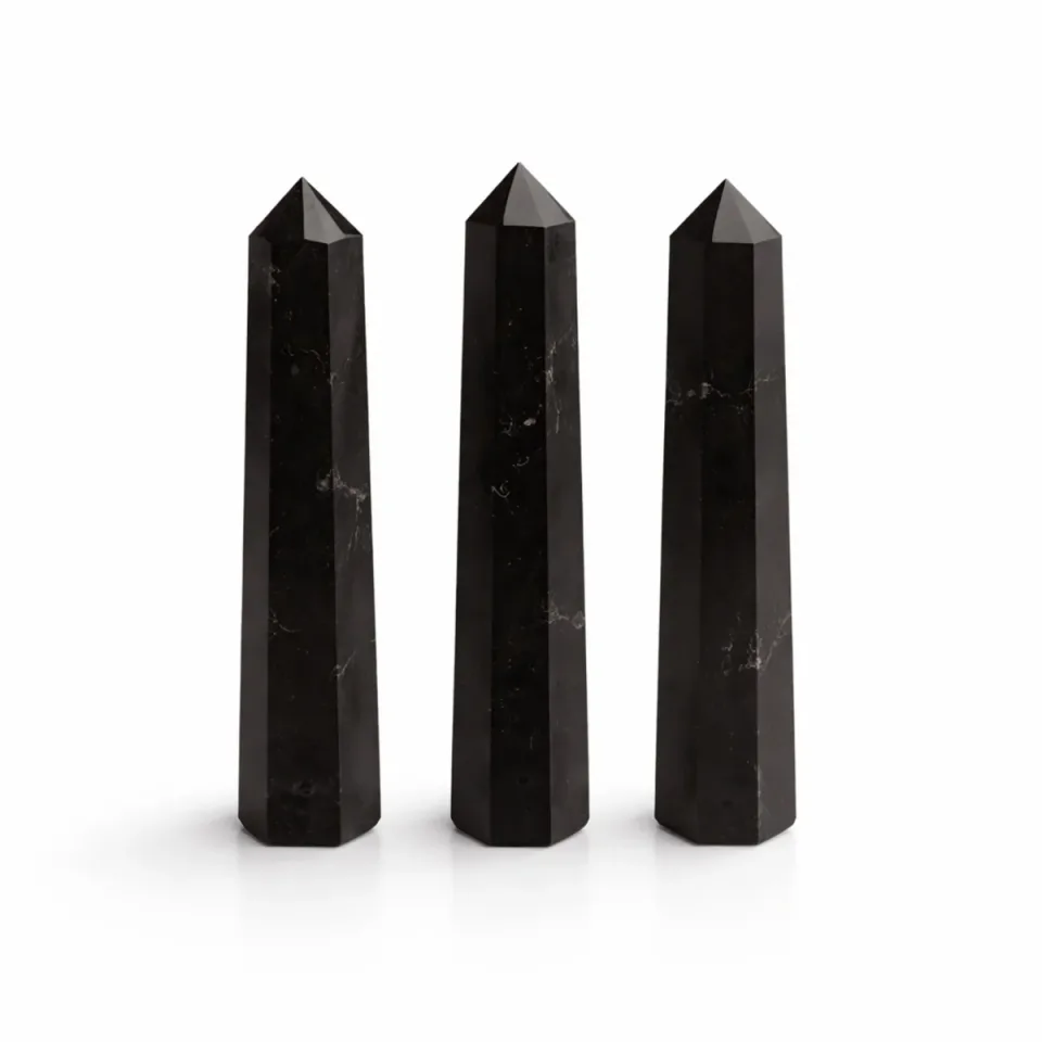 Obélisque à six faces en pierre naturelle : environ 11 cm, tourmaline noire