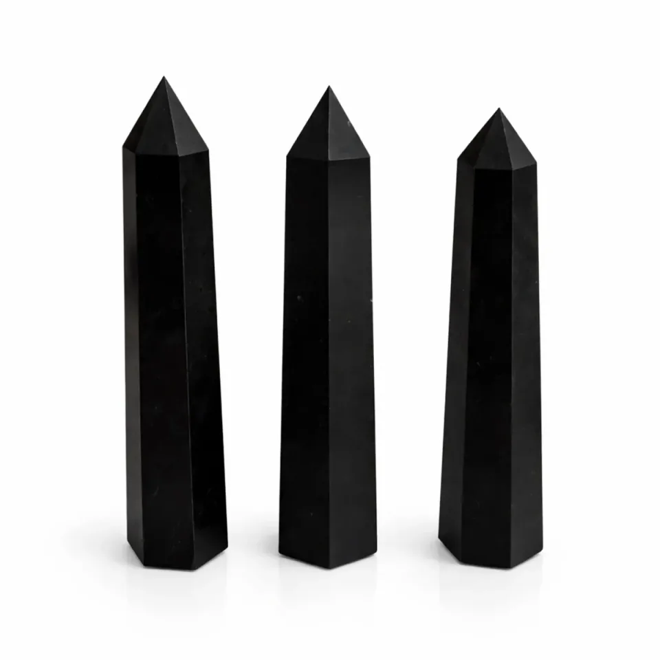 Obélisque à six faces en pierre naturelle : environ 17 cm, tourmaline noire