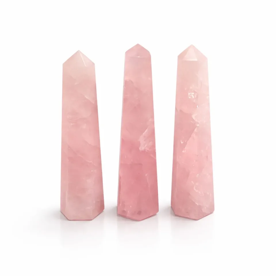 Obélisque à six faces en pierre naturelle : environ 11 cm, quartz rose