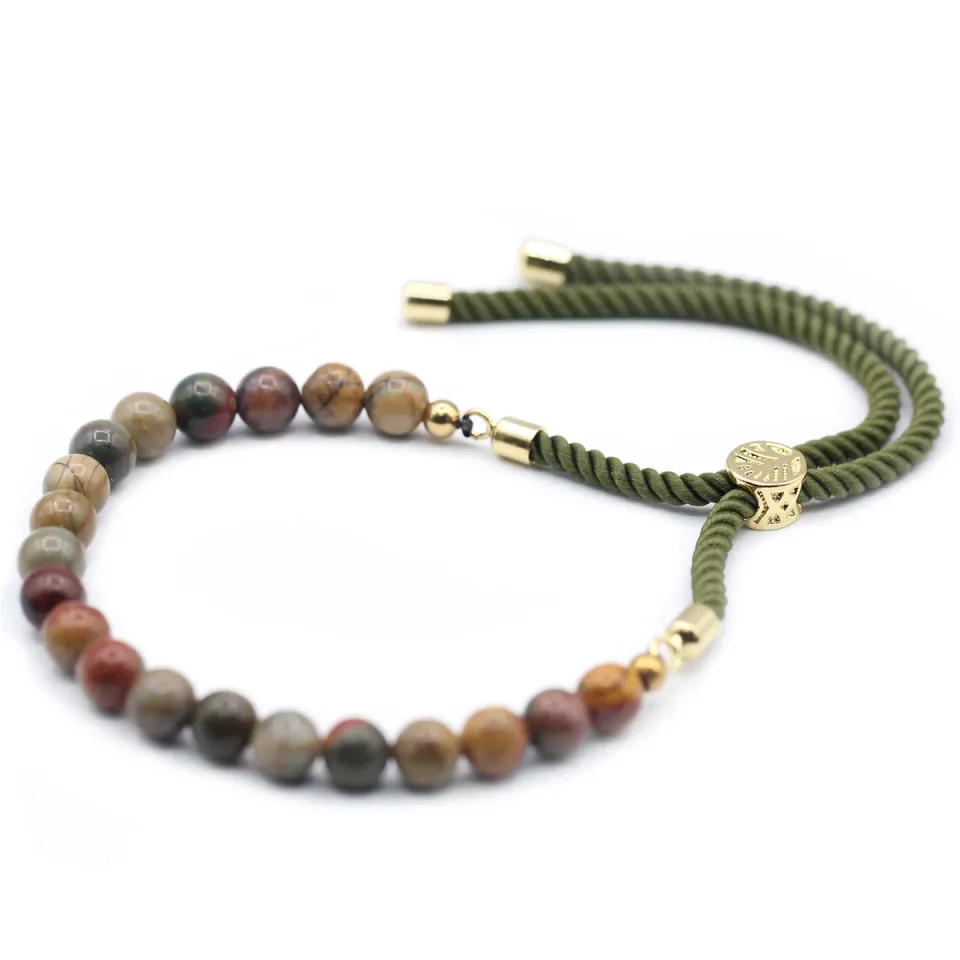 Bracelets cordon coulissants en pierres : Bracelet cordon mousse, jaspe Picasso, plaqué or 18 carats