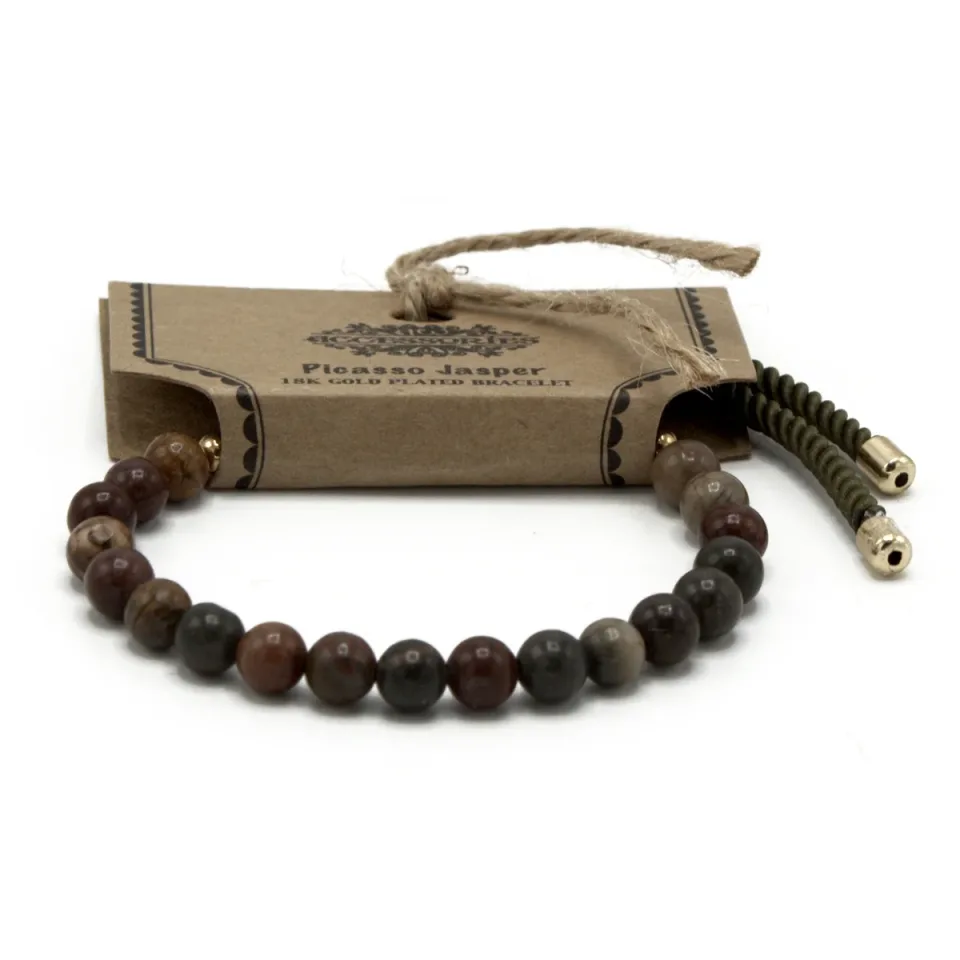 Bracelets cordon coulissants en pierres : Bracelet cordon mousse, jaspe Picasso, plaqué or 18 carats