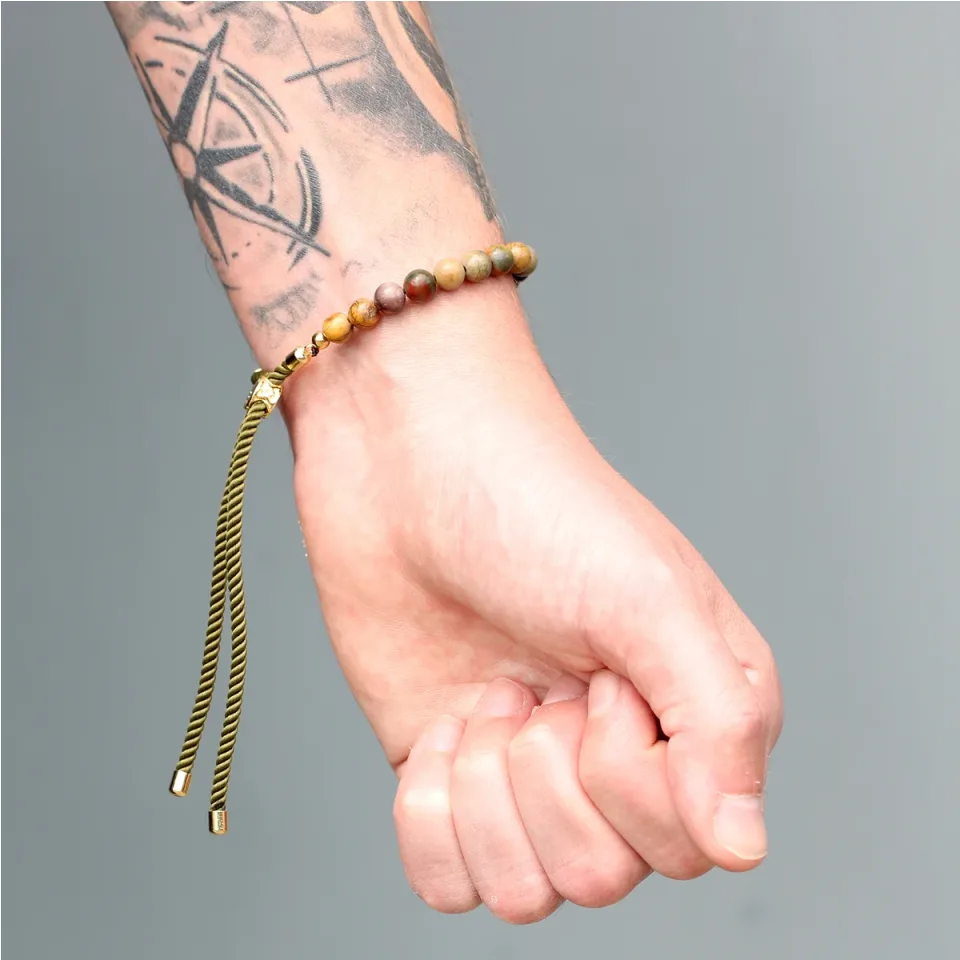 Bracelets cordon coulissants en pierres : Bracelet cordon mousse, jaspe Picasso, plaqué or 18 carats
