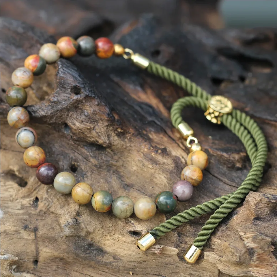 Bracelets cordon coulissants en pierres : Bracelet cordon mousse, jaspe Picasso, plaqué or 18 carats