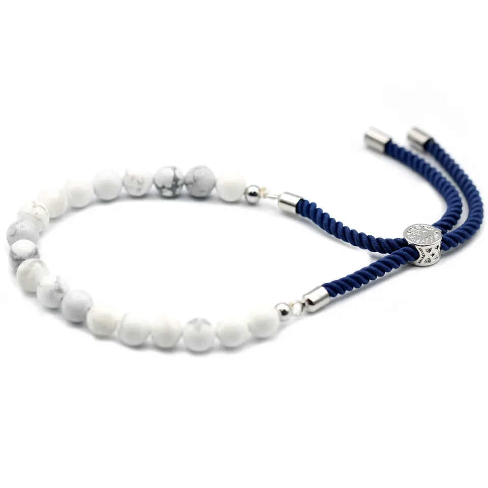 Bracelets cordon coulissants en pierres : Bracelet cordon bleu marine, howlite blanche, plaqué argent 925