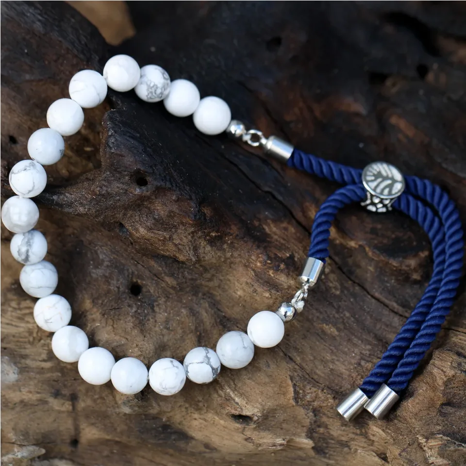 Bracelets cordon coulissants en pierres : Bracelet cordon bleu marine, howlite blanche, plaqué argent 925