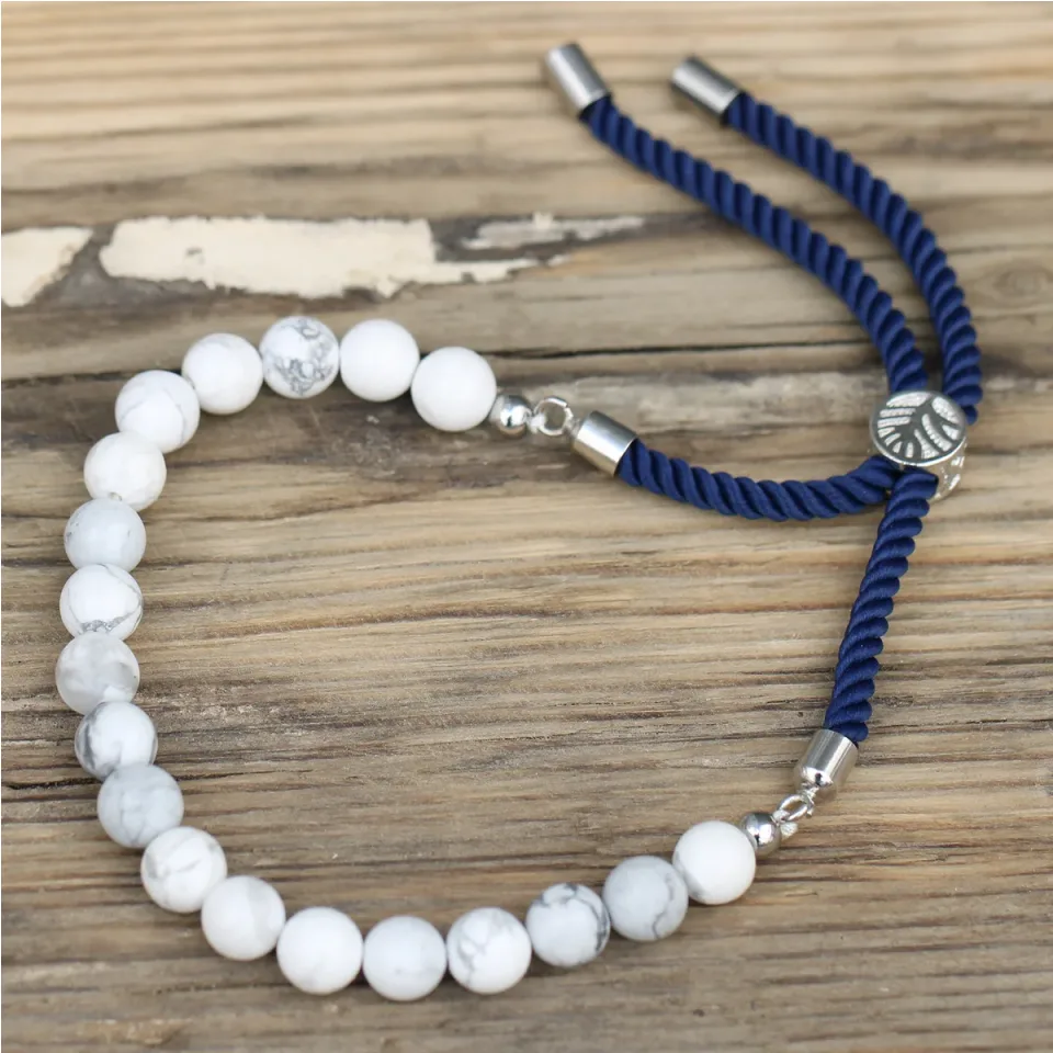 Bracelets cordon coulissants en pierres : Bracelet cordon bleu marine, howlite blanche, plaqué argent 925