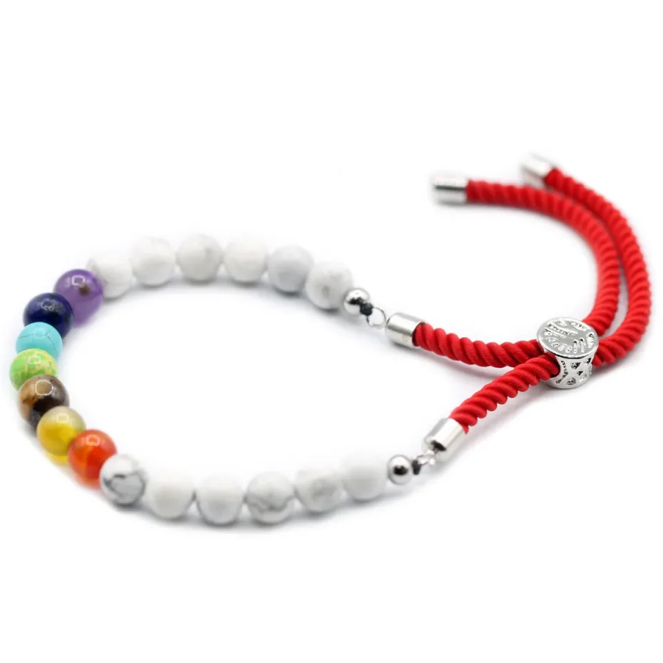 Bracelets cordon coulissants en pierres : Bracelet cordon rouge, howlite blanche des chakras, plaqué argent 925