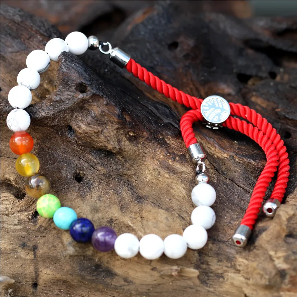 Bracelets cordon coulissants en pierres : Bracelet cordon rouge, howlite blanche des chakras, plaqué argent 925
