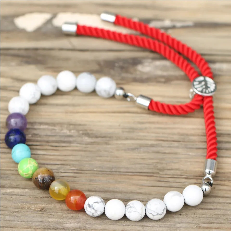 Bracelets cordon coulissants en pierres : Bracelet cordon rouge, howlite blanche des chakras, plaqué argent 925