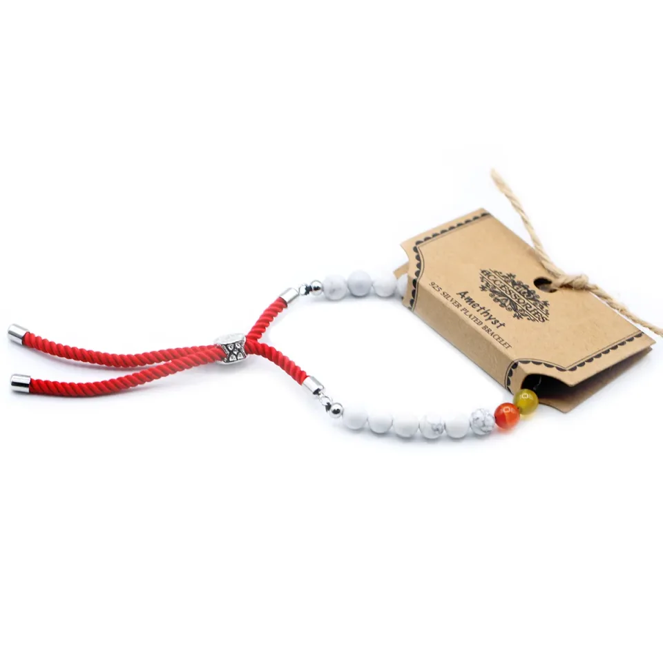 Bracelets cordon coulissants en pierres : Bracelet cordon rouge, howlite blanche des chakras, plaqué argent 925