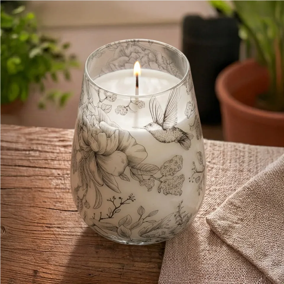 Bougie en pot de verre illustré « Dessiné par la flamme » : Grand modèle