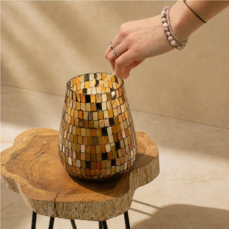 Bougie en pot de verre illustré « Mosaïque d'ambre » : Grand modèle