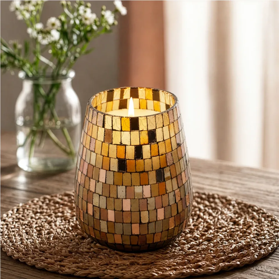 Bougie en pot de verre illustré « Mosaïque d'ambre » : Grand modèle