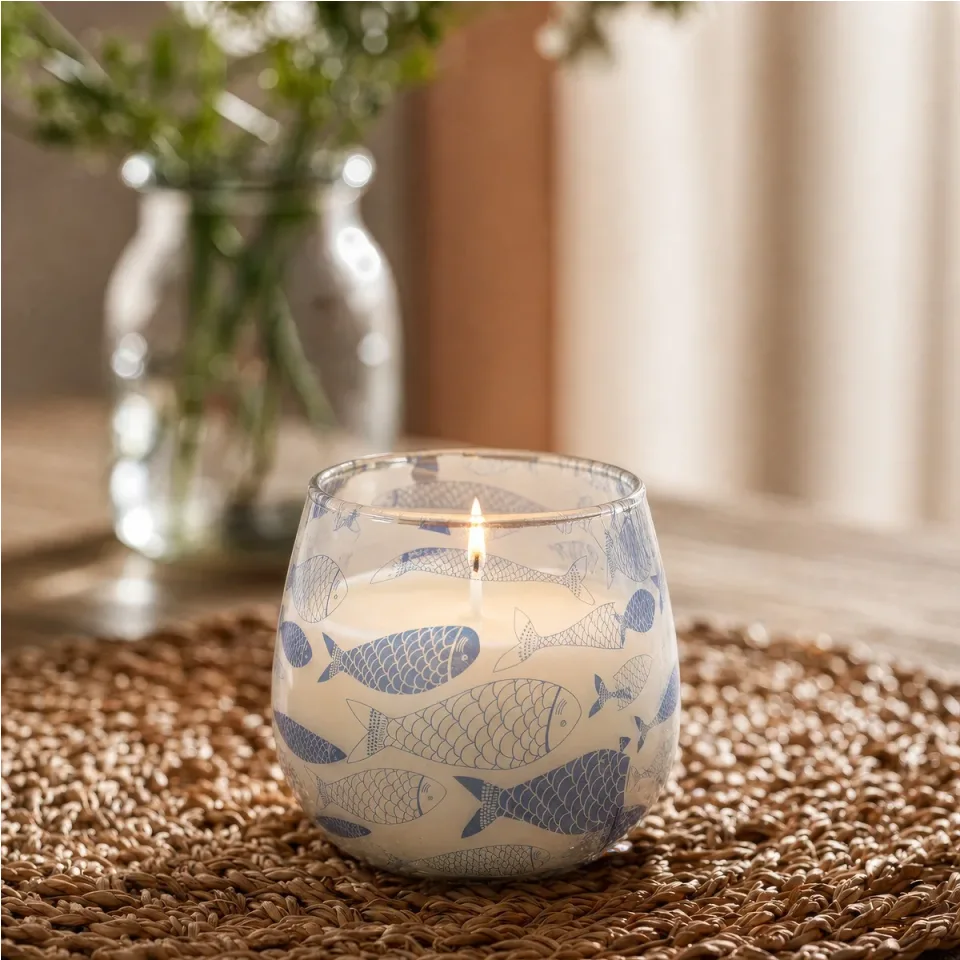 Bougie en pot de verre illustré « Brise marine » : Petit modèle