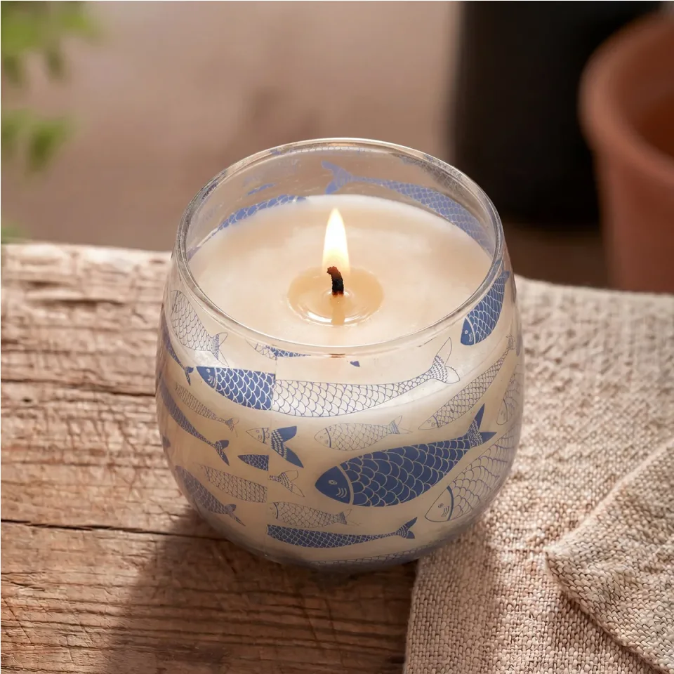 Bougie en pot de verre illustré « Brise marine » : Modèle moyen
