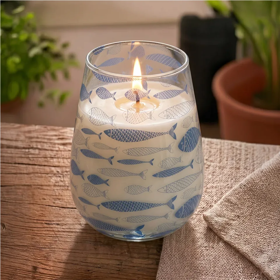 Bougie en pot de verre illustré « Brise marine » : Grand modèle