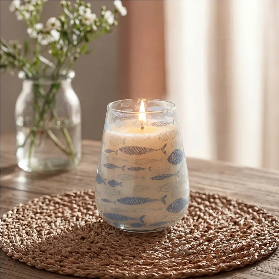 Bougie en pot de verre illustré « Brise marine » : Grand modèle
