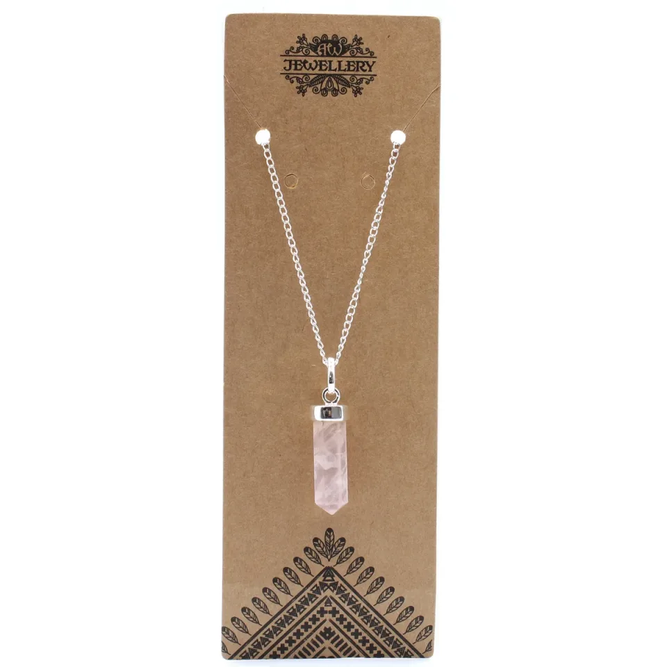 Pendentif en pierre sur chaîne plaquée argent, Pointe classique : quartz rose