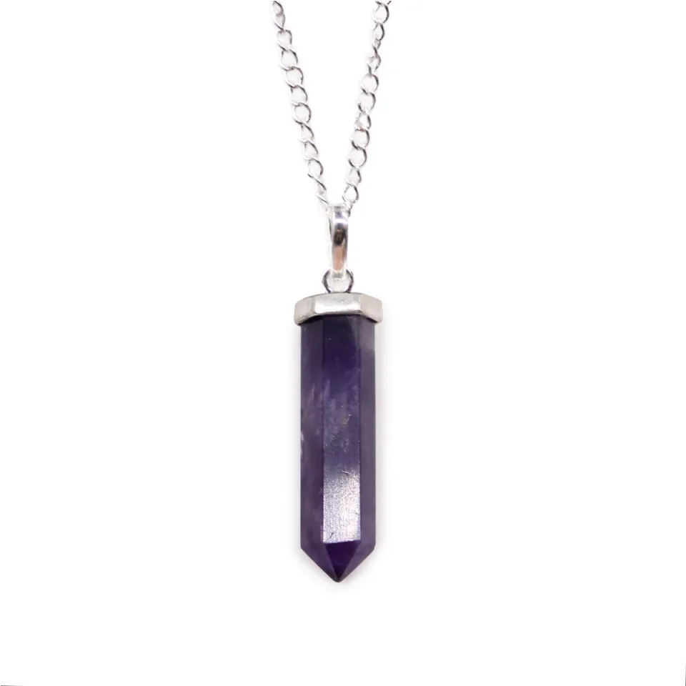 Pendentif en pierre sur chaîne plaquée argent, Pointe classique : améthyste
