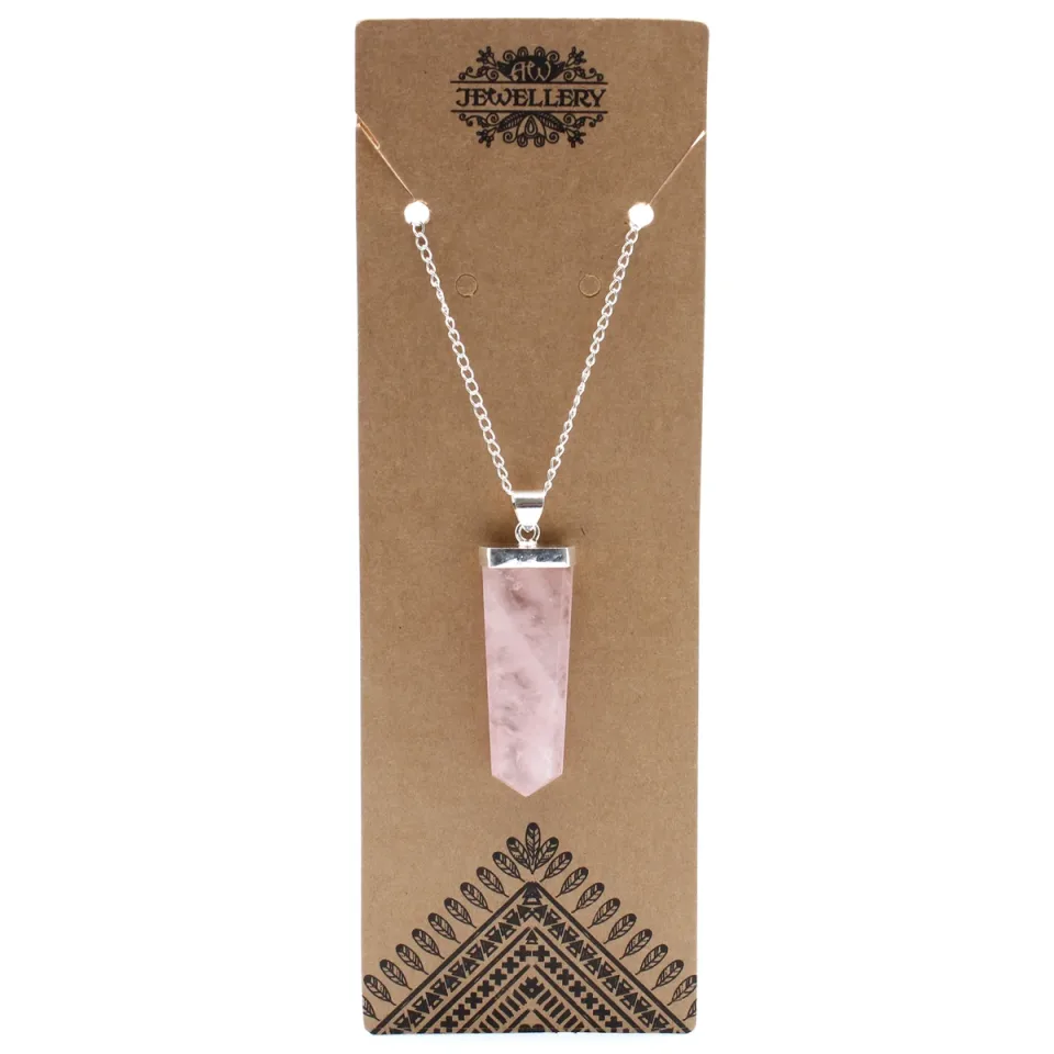 Pendentif en pierre sur chaîne plaquée argent, Crayon plat : quartz rose